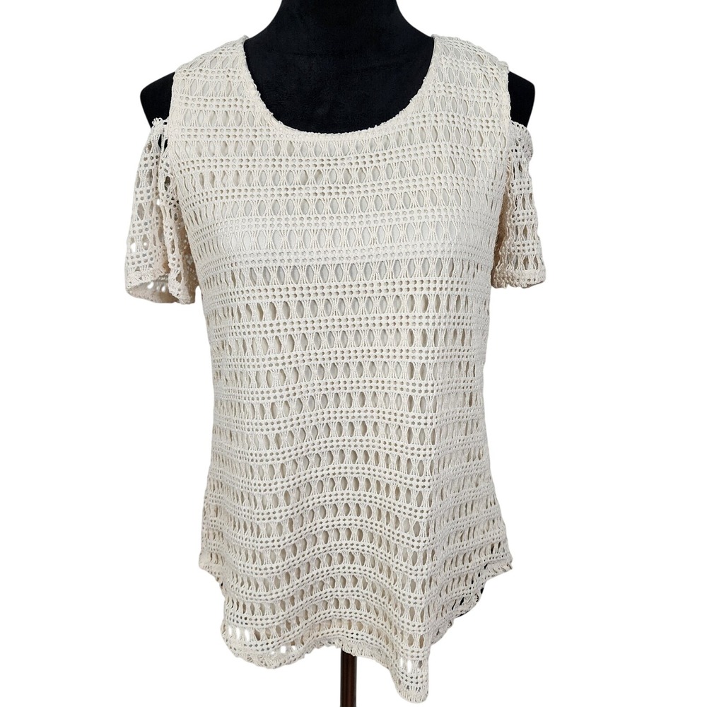 PERSEPTION CONCEPT Size Small Cold Shoulder Crochet Lined Short Sleeve Blouse